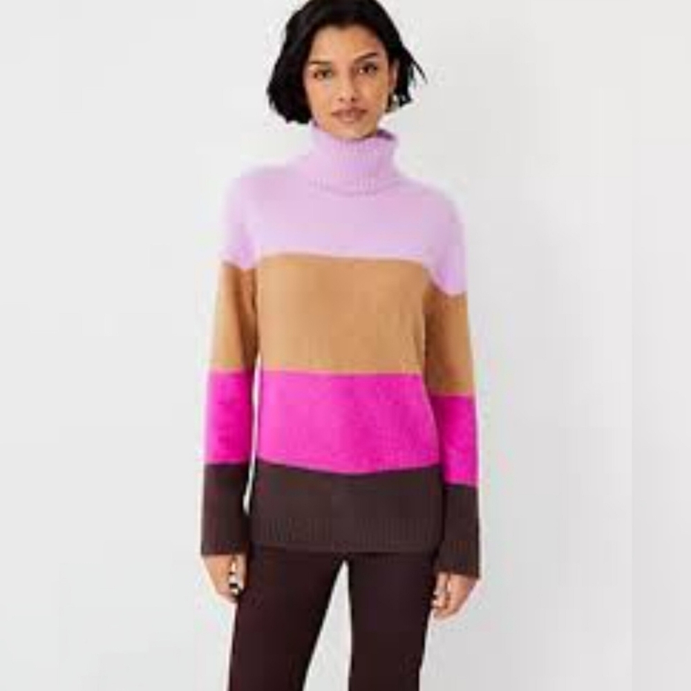 Ann Taylor Soft Colorblock Striped Turtleneck Sweater Knit Pullover Cozy Fall PM